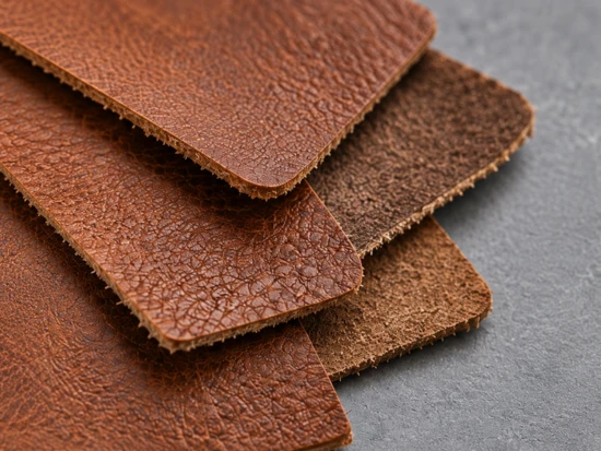 Leather material inspection showing grain, texture, thickness, and surface consistency.