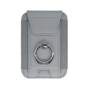 Gray silicone PU magnetic phone wallet with an elastic card pocket and 360-degree ring stand