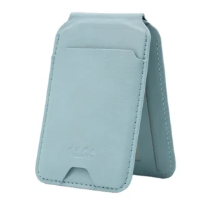 Light blue vegan leather magnetic wallet folded into an adjustable viewing stand