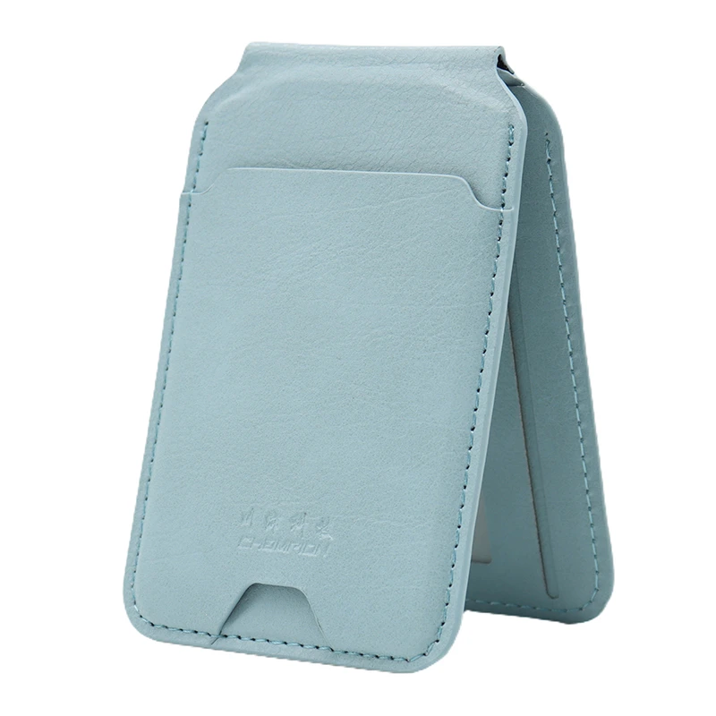 Light blue vegan leather magnetic wallet folded into an adjustable viewing stand