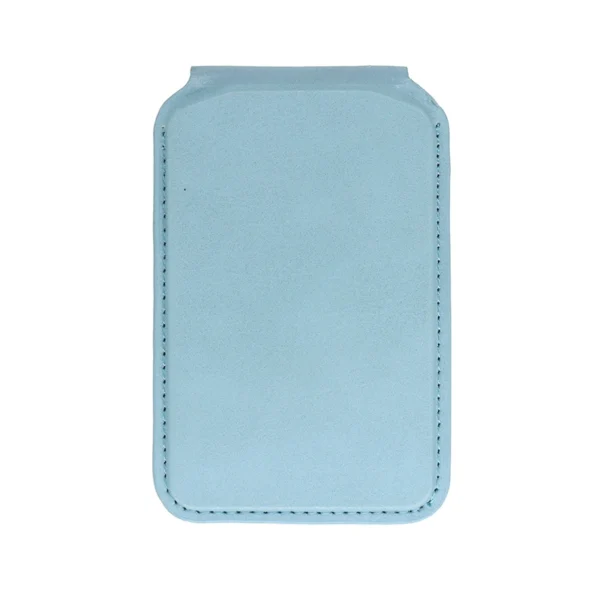 Back view of a light blue vegan leather magnetic wallet
