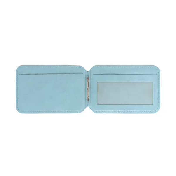 Open vegan leather magnetic wallet showing three card slots and metal hinge