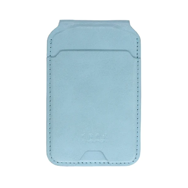Light blue vegan leather magnetic wallet compatible with MagSafe technology, front view