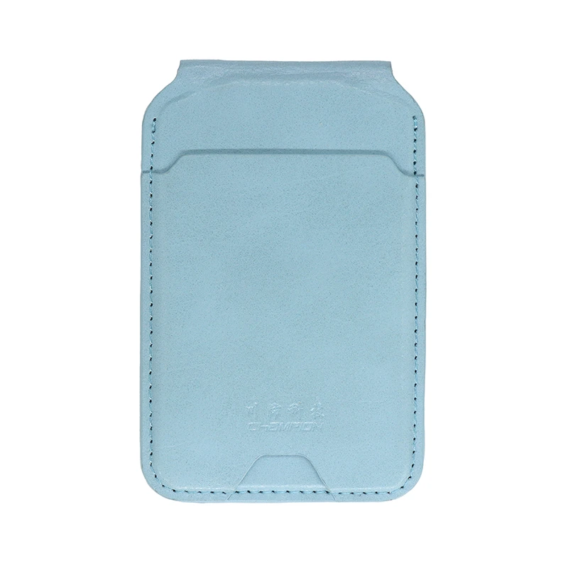 Light blue vegan leather magnetic wallet compatible with MagSafe technology, front view