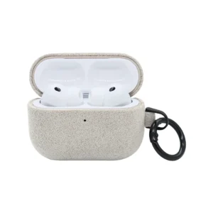 AirPods Pro Alcantara Case with light gray textured surface and black carabiner