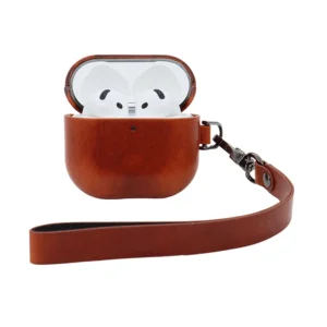 Brown Leather earbud case with lanyard in smooth genuine leather