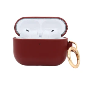 Burgundy genuine leather earbud case with gold-tone metal carabiner