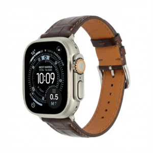 Brown crocodile leather watch strap with glossy bamboo-pattern scales