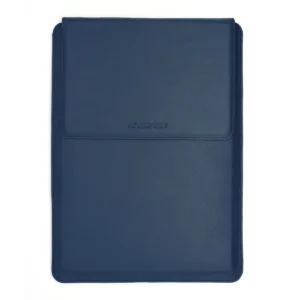 Dark blue PU leather laptop sleeve with stand and smooth stitched exterior